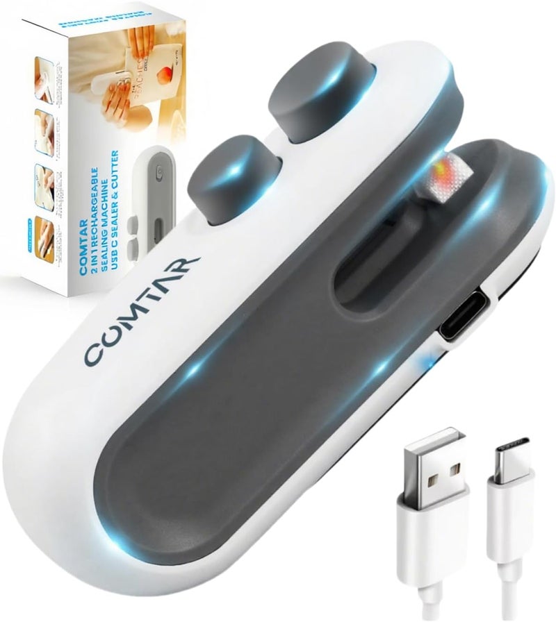 COMTAR Mini Bag Sealer, Upgraded 2 in 1 Heat Sealer&Cutter, Rechargeable USB C Bag Sealer Heat Seal Machine with Magnet, Portable Resealer Machine Sealer for Plastic Bags (1-2 Mini Bag Sealer) - Image 1